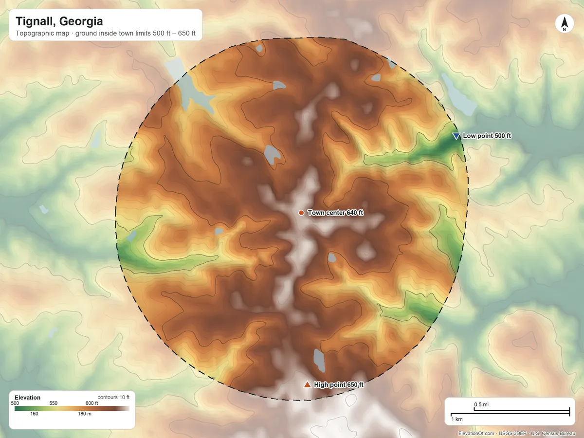 Topographic elevation map of Tignall, Georgia, shaded from 500 ft on the northeast side to 650 ft on the south side