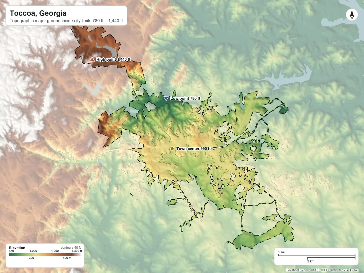 Topographic elevation map of Toccoa, Georgia, shaded from 780 ft on the north side to 1,440 ft on the northwest side