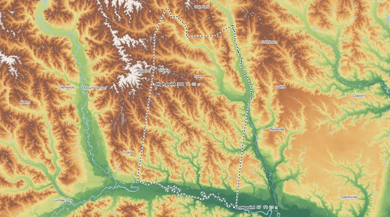 Topographic elevation map of Toombs County, Georgia, shaded from 67 ft on the south side to 300 ft on the northwest side