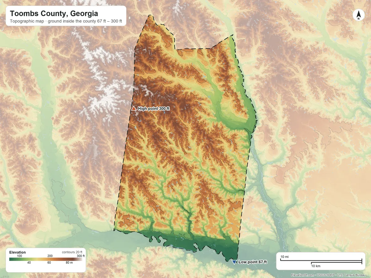 Topographic elevation map of Toombs County, Georgia, shaded from 67 ft on the south side to 300 ft on the northwest side
