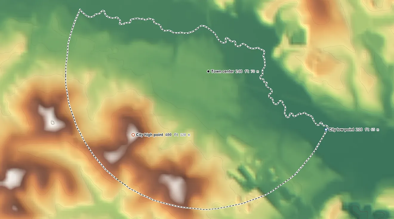 Topographic elevation map of Toomsboro, Georgia, shaded from 210 ft on the southeast side to 400 ft on the southwest side