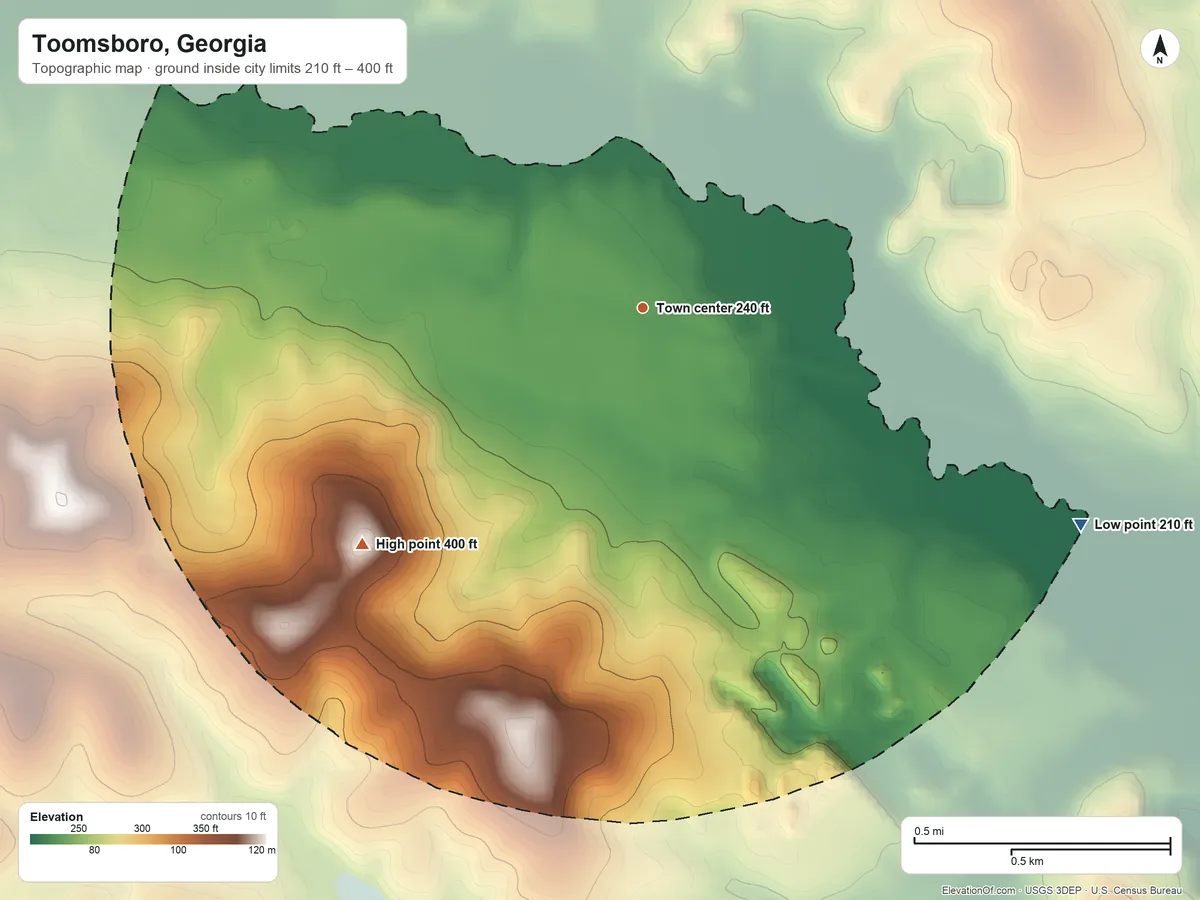 Topographic elevation map of Toomsboro, Georgia, shaded from 210 ft on the southeast side to 400 ft on the southwest side