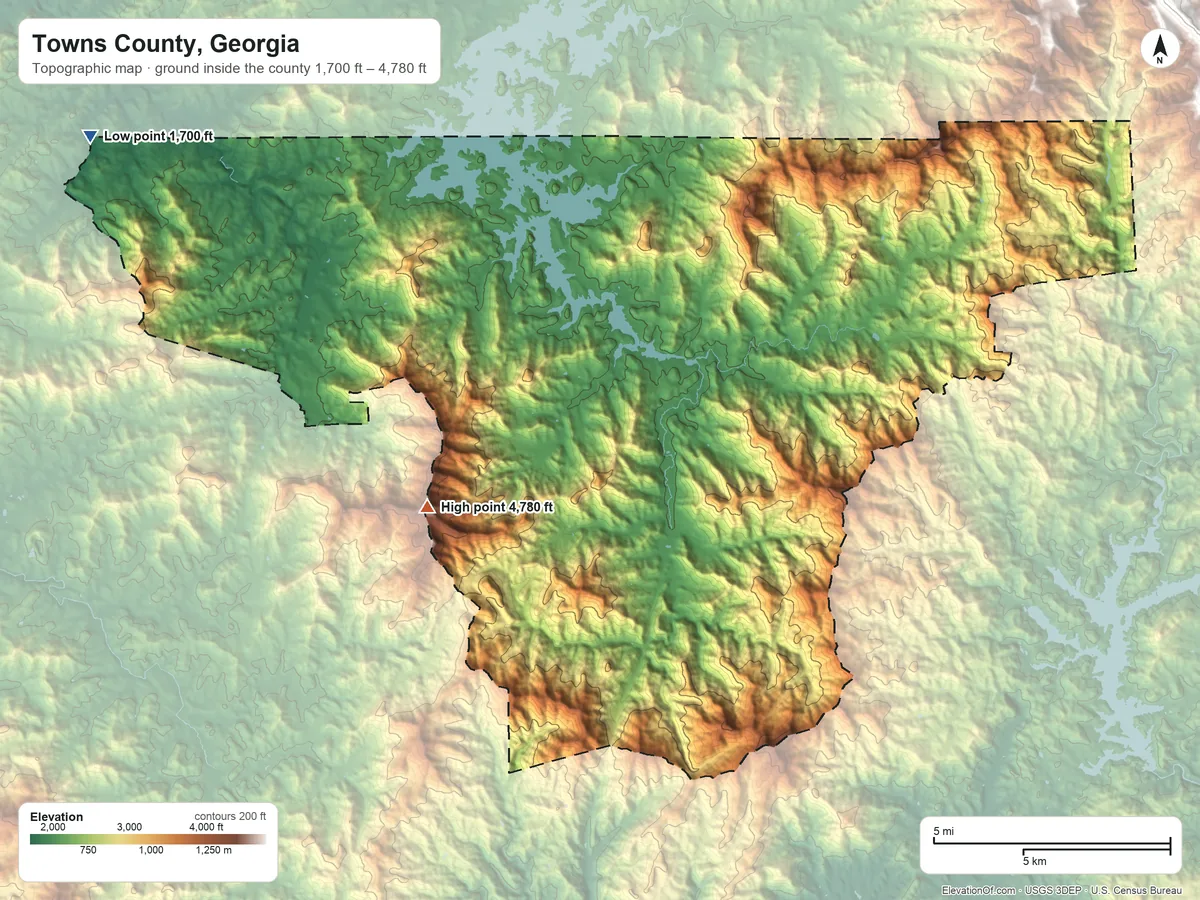Topographic elevation map of Towns County, Georgia, shaded from 1,700 ft on the northwest side to 4,780 ft on Brasstown Bald