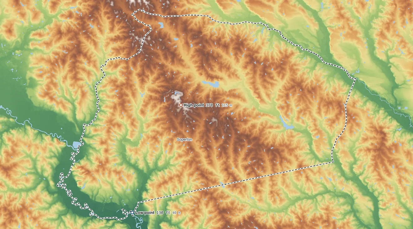 Topographic elevation map of Treutlen County, Georgia, shaded from 130 ft on the southwest side to 370 ft near the middle