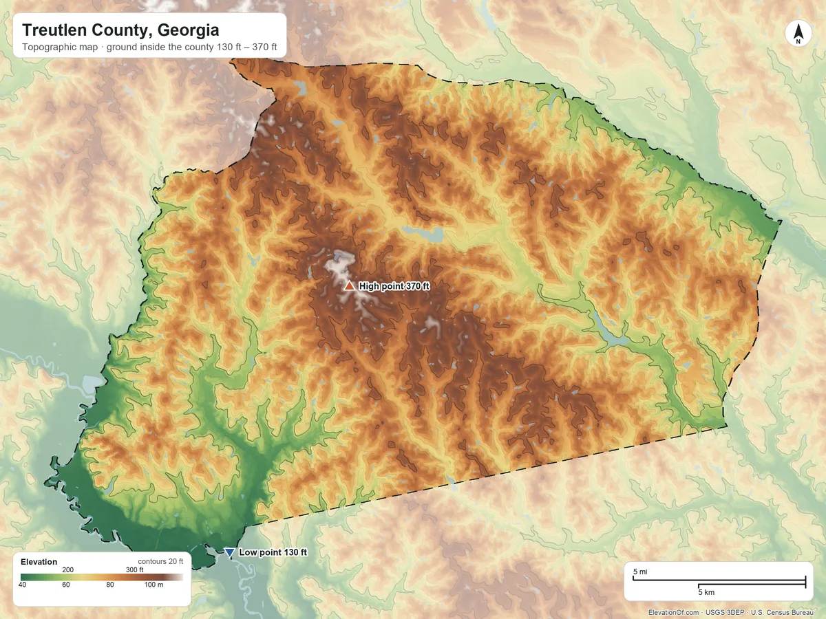 Topographic elevation map of Treutlen County, Georgia, shaded from 130 ft on the southwest side to 370 ft near the middle
