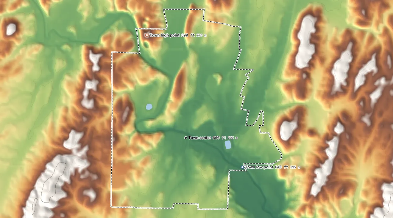 Topographic elevation map of Trion, Georgia, shaded from 640 ft on the southeast side to 890 ft on the north side
