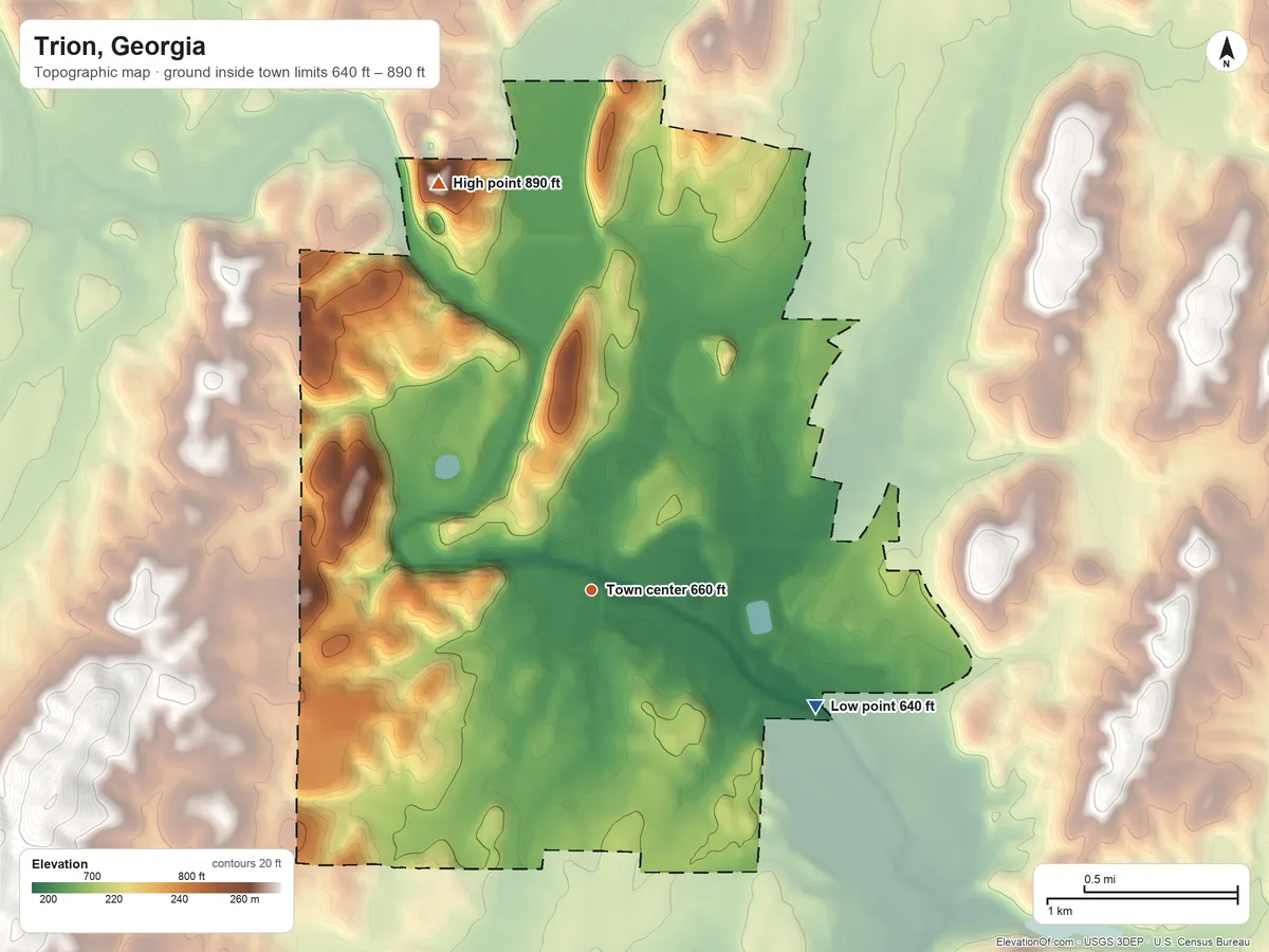 Topographic elevation map of Trion, Georgia, shaded from 640 ft on the southeast side to 890 ft on the north side