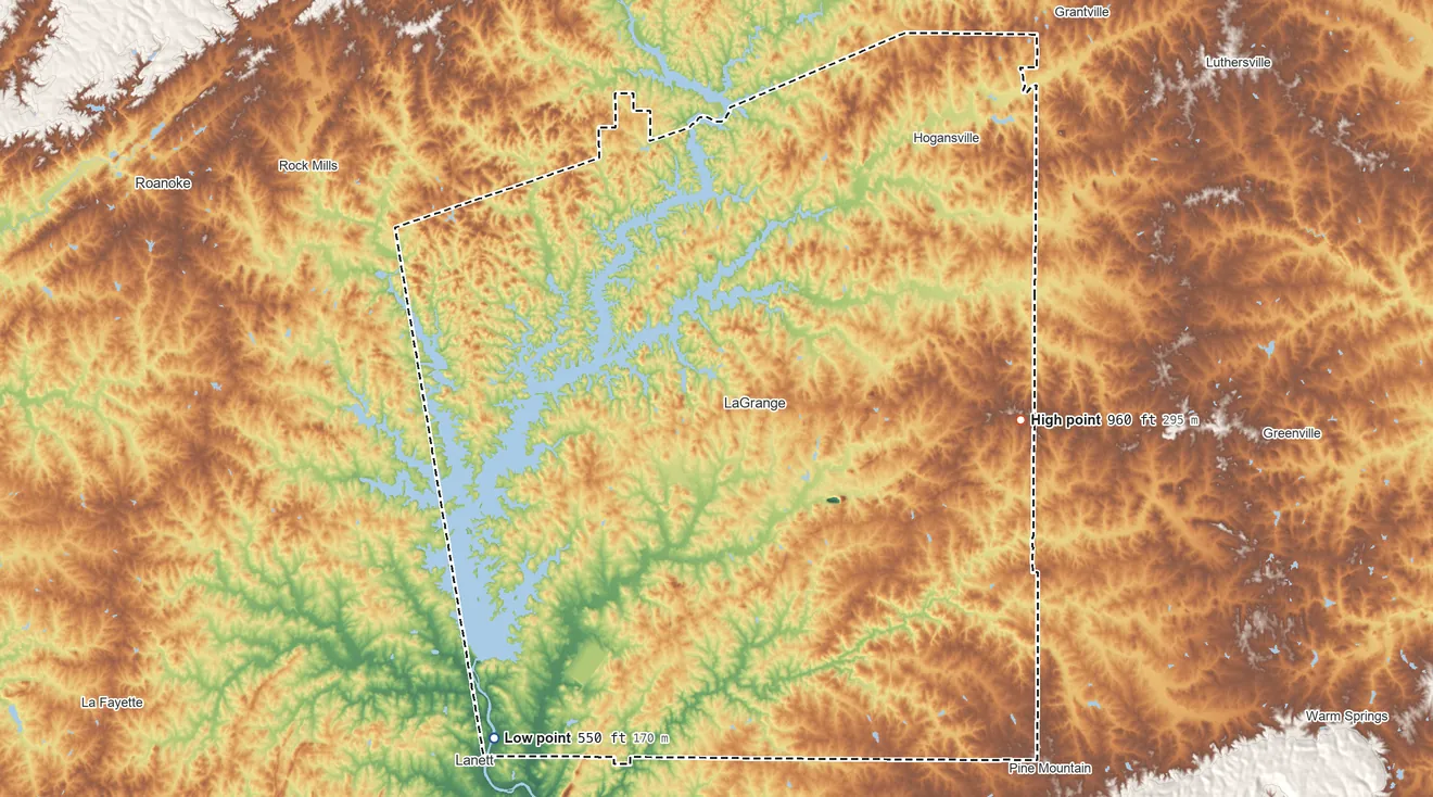 Topographic elevation map of Troup County, Georgia, shaded from 550 ft on the southwest side to 960 ft on the east side