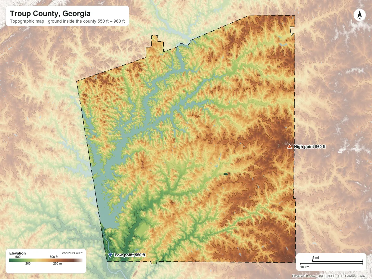 Topographic elevation map of Troup County, Georgia, shaded from 550 ft on the southwest side to 960 ft on the east side