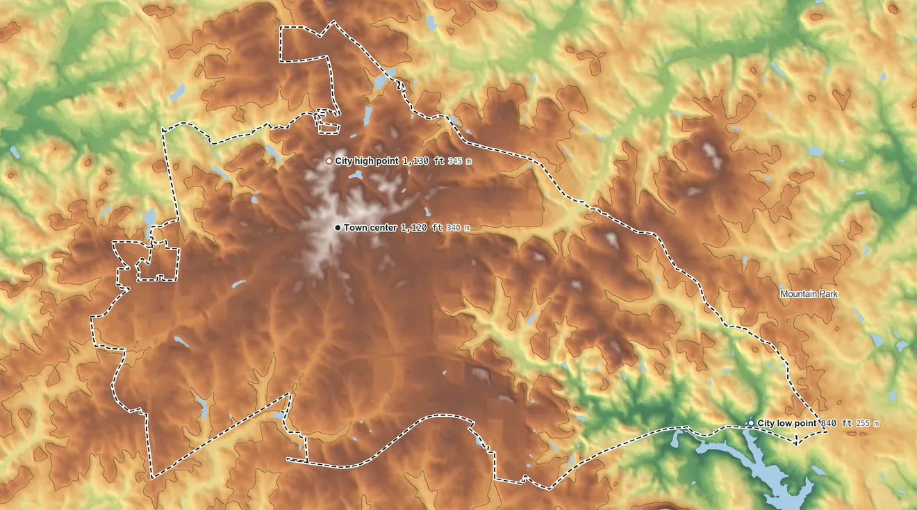 Topographic elevation map of Tucker, Georgia, shaded from 840 ft on the southeast side to 1,130 ft near the middle