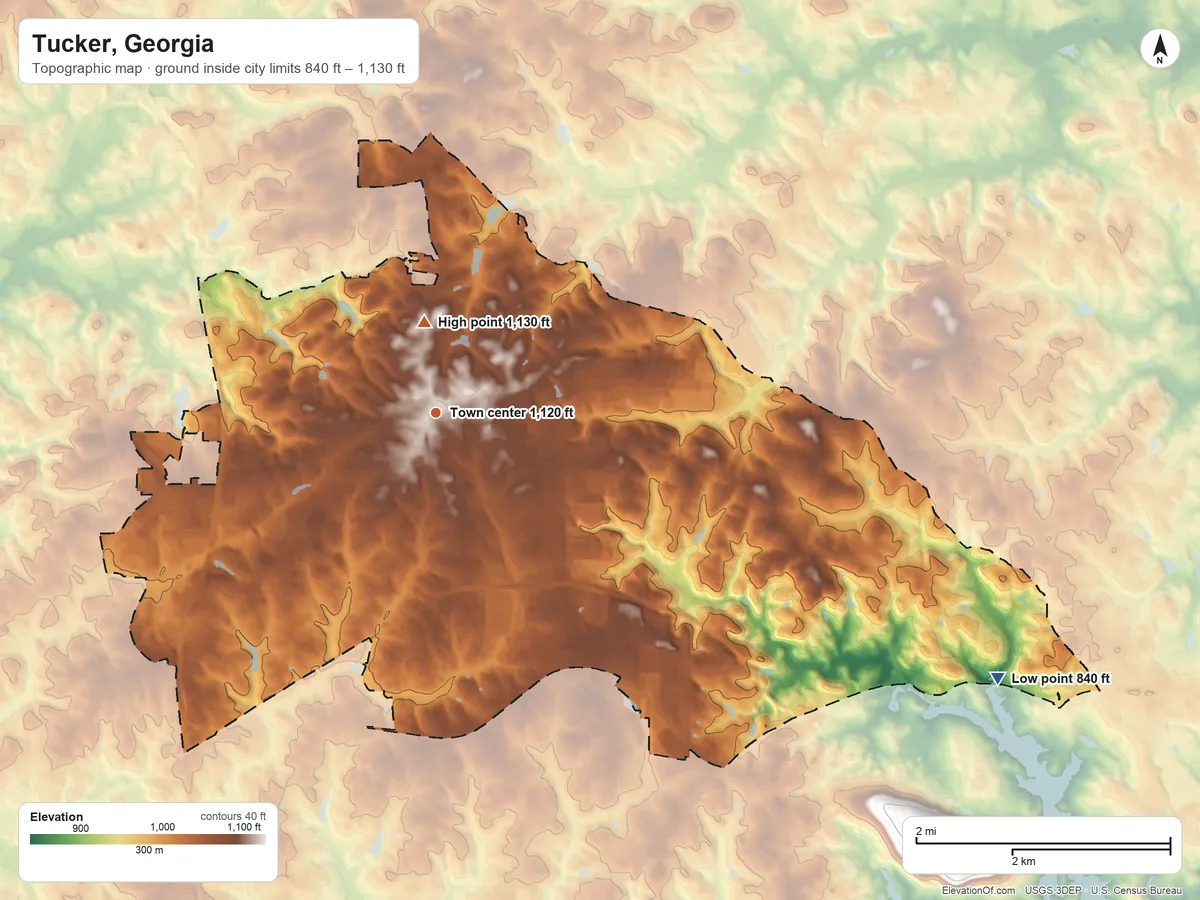 Topographic elevation map of Tucker, Georgia, shaded from 840 ft on the southeast side to 1,130 ft near the middle