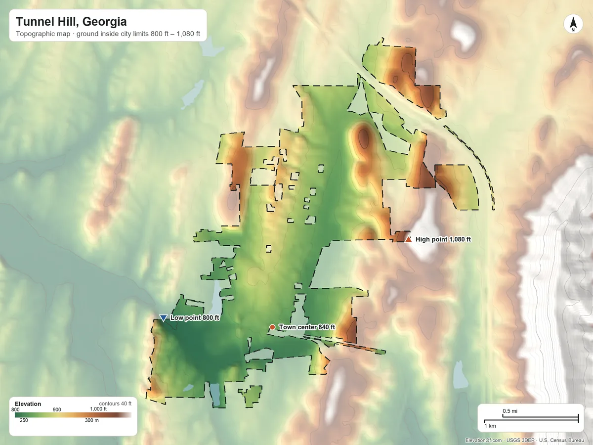 Topographic elevation map of Tunnel Hill, Georgia, shaded from 800 ft on the west side to 1,080 ft at the foot of the Barren Hills