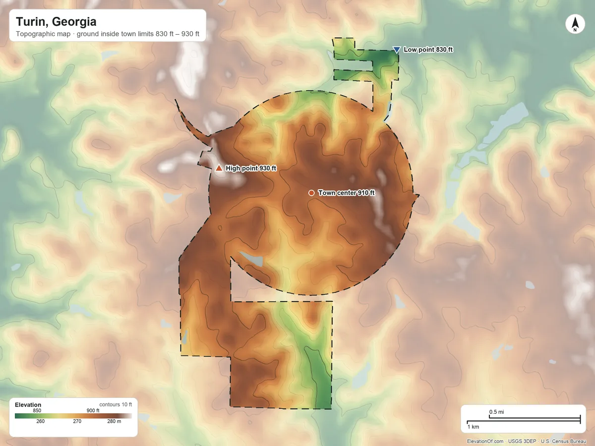 Topographic elevation map of Turin, Georgia, shaded from 830 ft on the northeast side to 930 ft on the west side