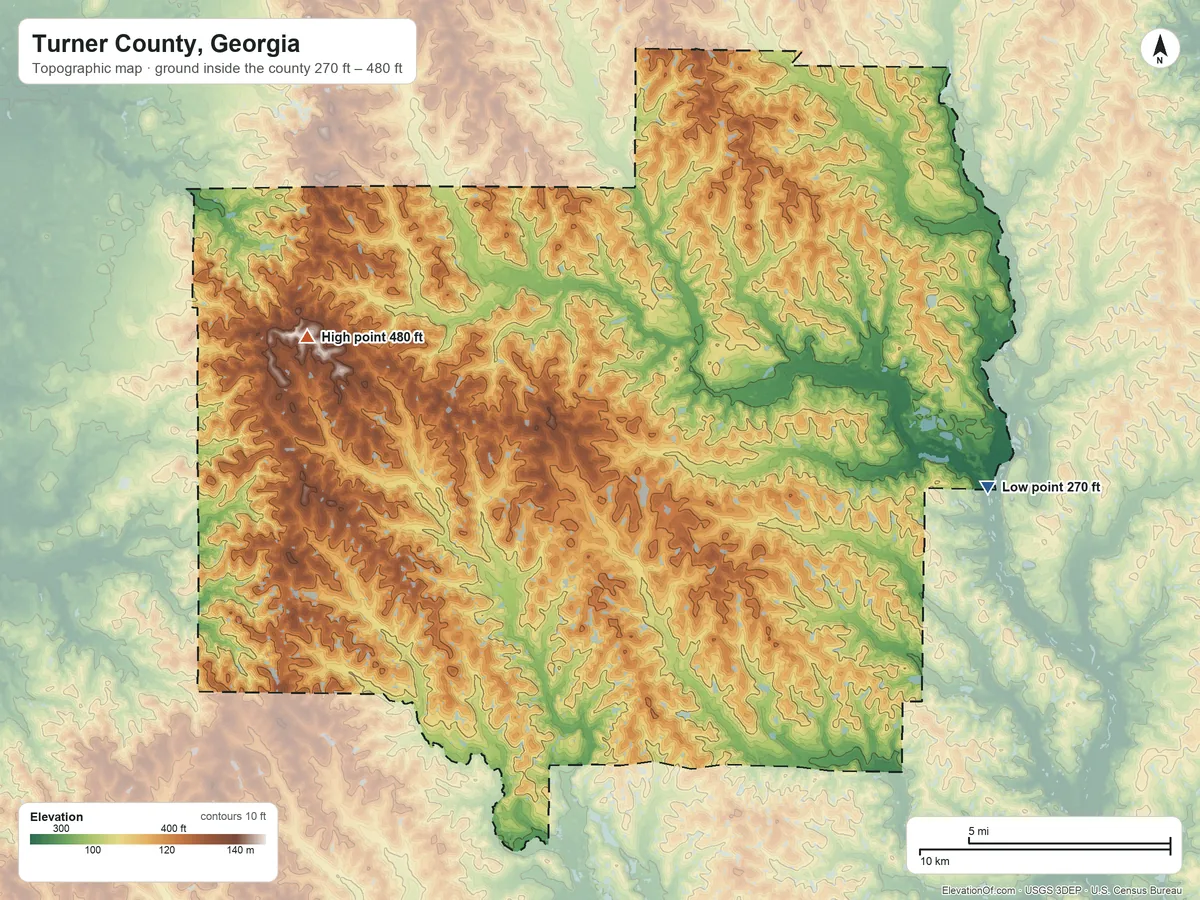 Topographic elevation map of Turner County, Georgia, shaded from 270 ft on the east side to 480 ft on the west side