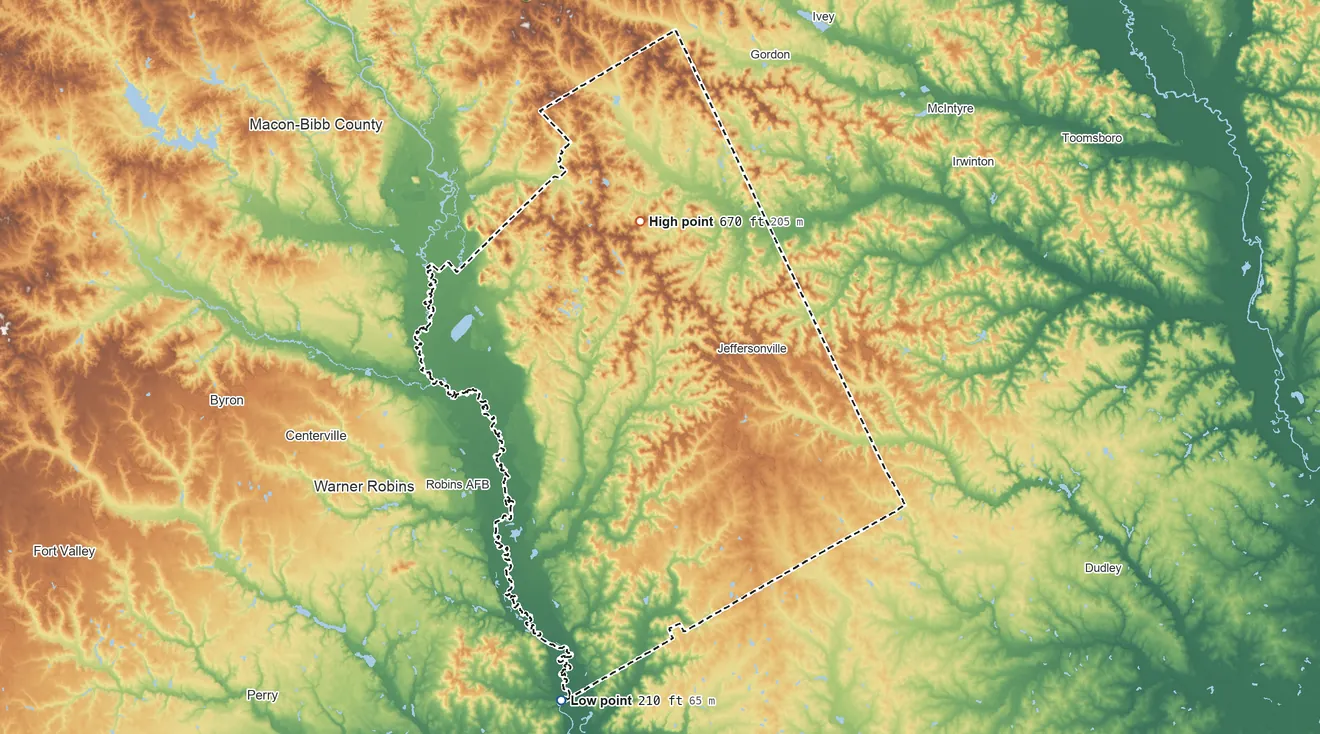 Topographic elevation map of Twiggs County, Georgia, shaded from 210 ft on the south side to 670 ft on the north side