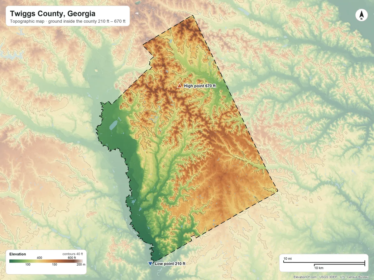 Topographic elevation map of Twiggs County, Georgia, shaded from 210 ft on the south side to 670 ft on the north side