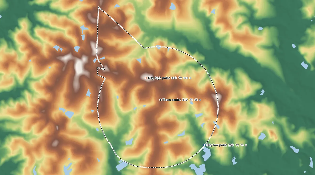 Topographic elevation map of Twin City, Georgia, shaded from 250 ft on the southeast side to 330 ft on the northwest side