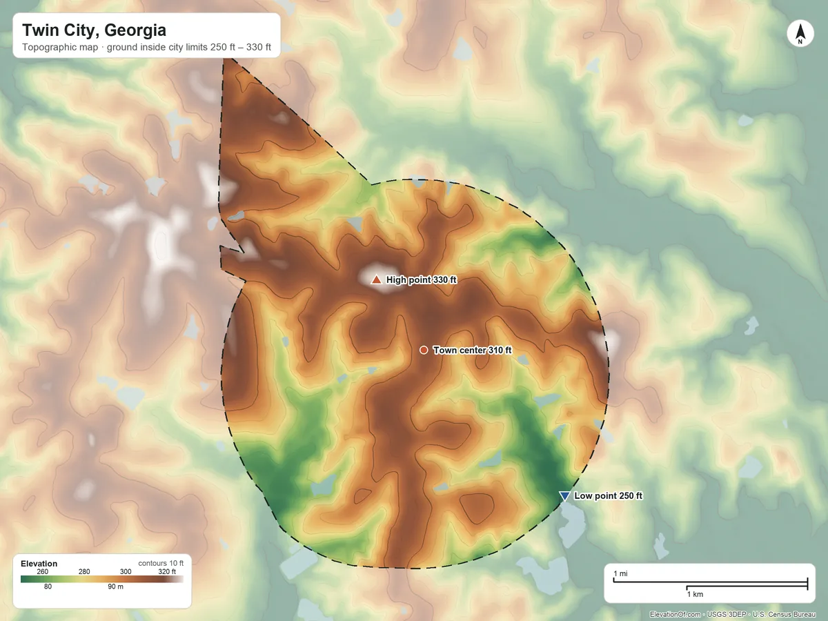 Topographic elevation map of Twin City, Georgia, shaded from 250 ft on the southeast side to 330 ft on the northwest side
