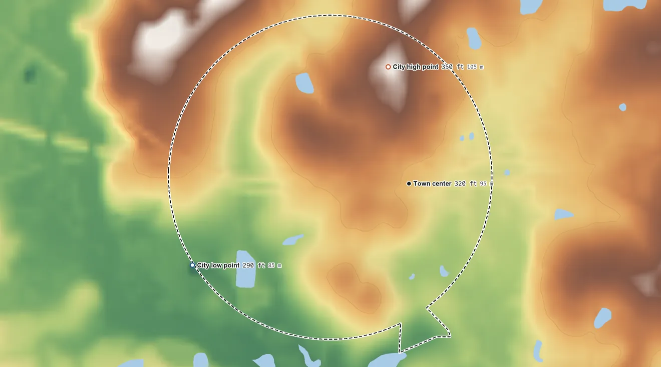 Topographic elevation map of Ty Ty, Georgia, shaded from 290 ft on the west side to 350 ft on the north side