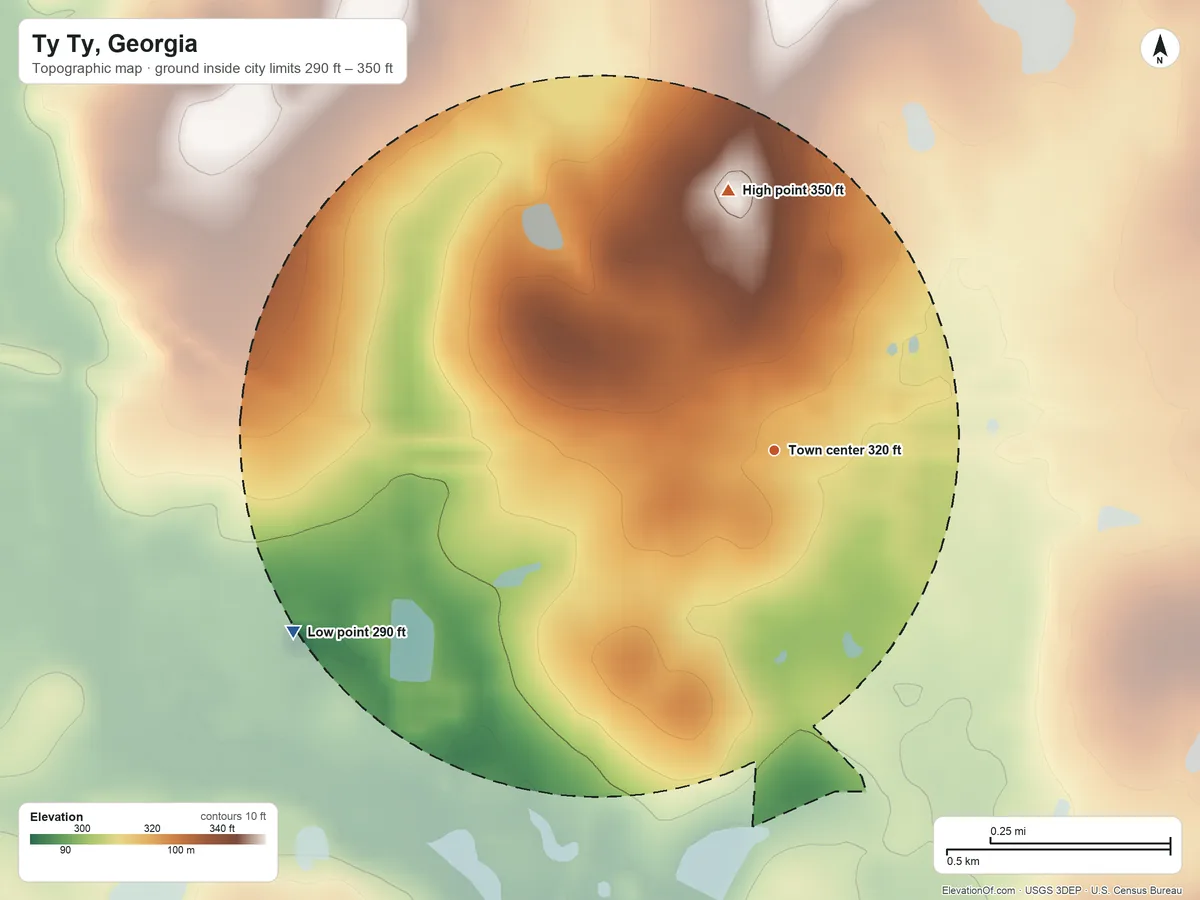 Topographic elevation map of Ty Ty, Georgia, shaded from 290 ft on the west side to 350 ft on the north side