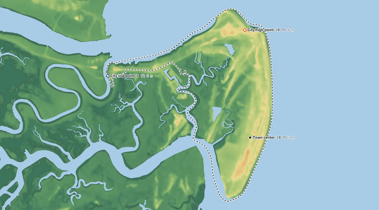 Topographic elevation map of Tybee Island, Georgia, shaded from sea level level on the Atlantic Ocean to 20 ft on the north side