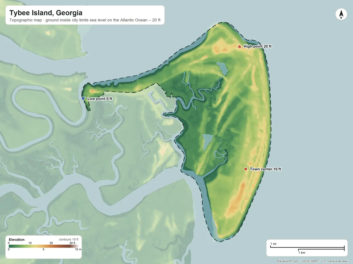 Topographic elevation map of Tybee Island, Georgia, shaded from sea level level on the Atlantic Ocean to 20 ft on the north side