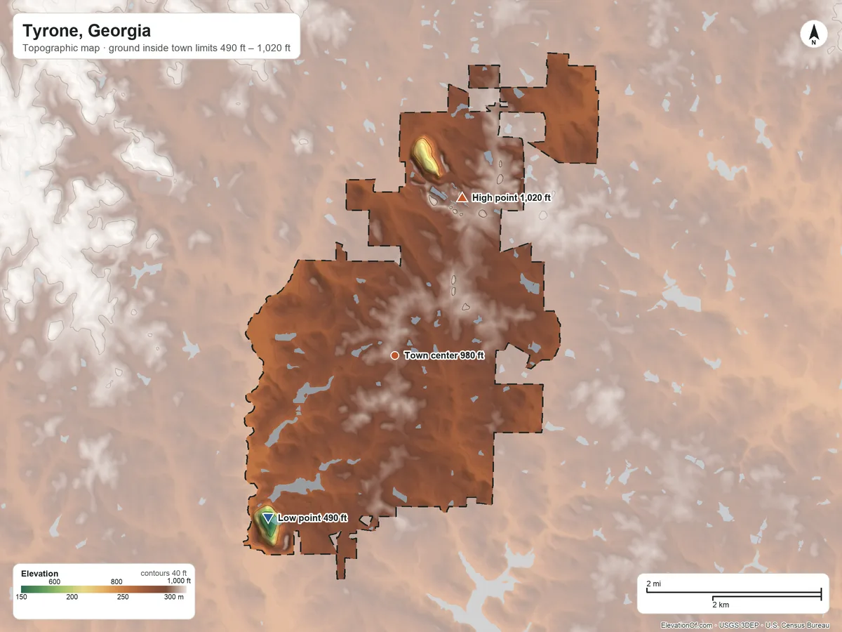 Topographic elevation map of Tyrone, Georgia, shaded from 490 ft on the southwest side to 1,020 ft on the northeast side
