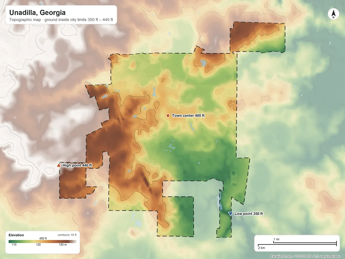 Topographic elevation map of Unadilla, Georgia, shaded from 350 ft on the southeast side to 440 ft on the southwest side