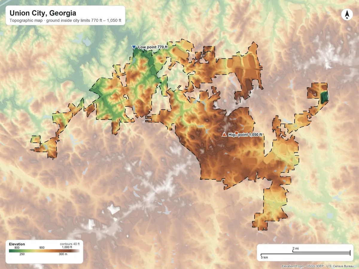 Topographic elevation map of Union City, Georgia, shaded from 770 ft on the northwest side to 1,050 ft near the middle