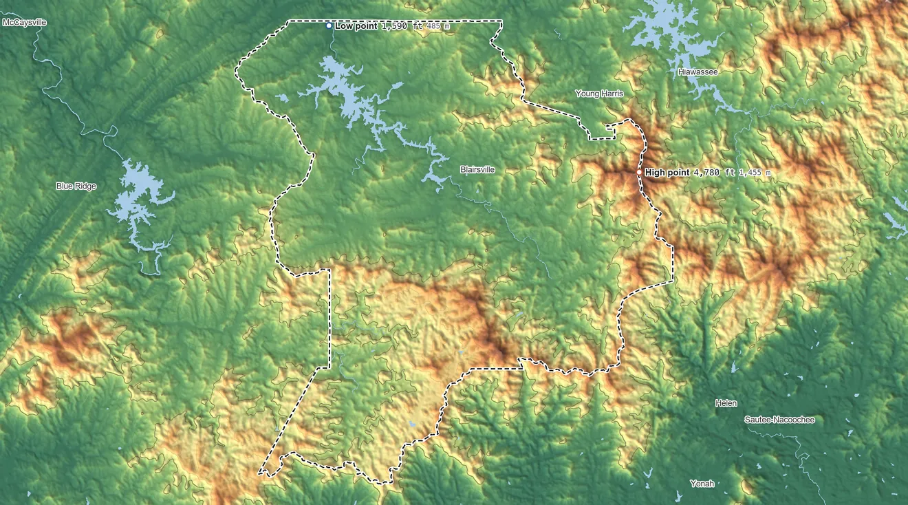 Topographic elevation map of Union County, Georgia, shaded from 1,590 ft on the northwest side to 4,780 ft on Brasstown Bald