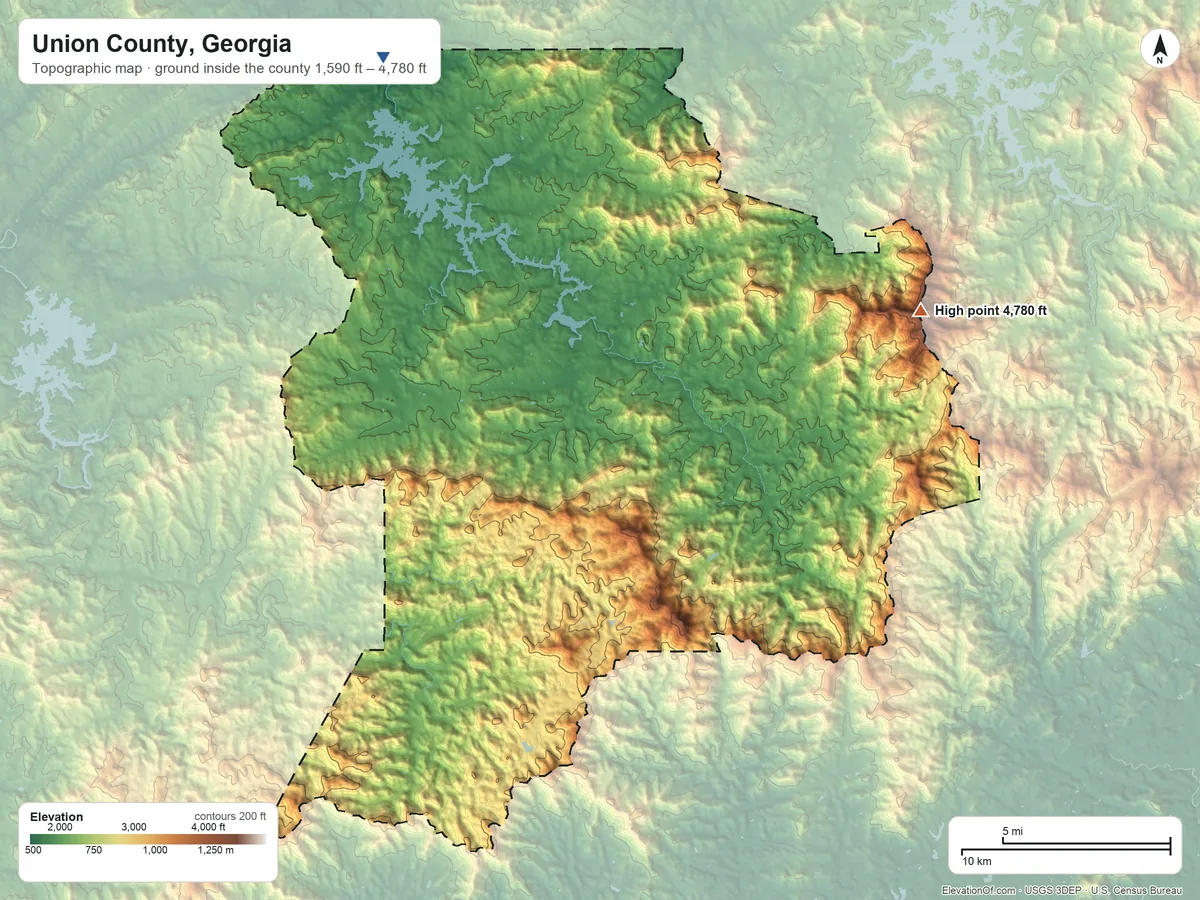 Topographic elevation map of Union County, Georgia, shaded from 1,590 ft on the northwest side to 4,780 ft on Brasstown Bald