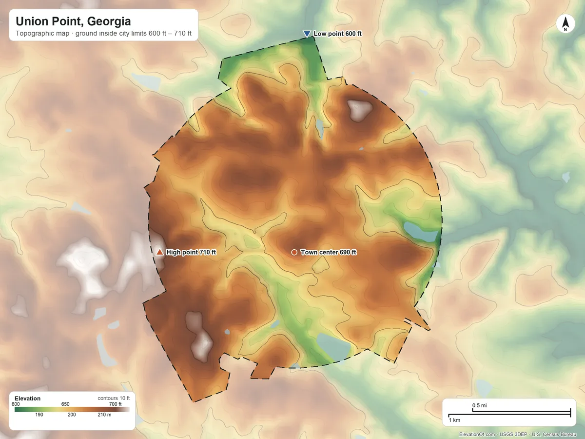 Topographic elevation map of Union Point, Georgia, shaded from 600 ft on the north side to 710 ft on the west side