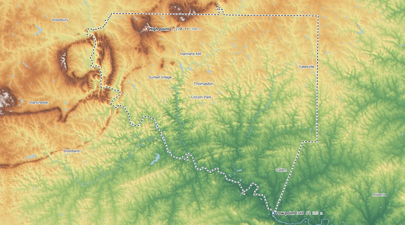 Topographic elevation map of Upson County, Georgia, shaded from 340 ft on the southeast side to 1,270 ft on Dorster Mountain
