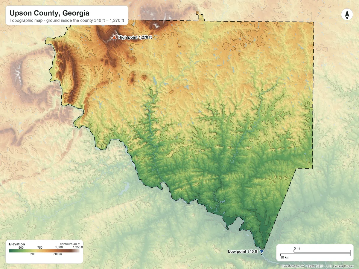 Topographic elevation map of Upson County, Georgia, shaded from 340 ft on the southeast side to 1,270 ft on Dorster Mountain
