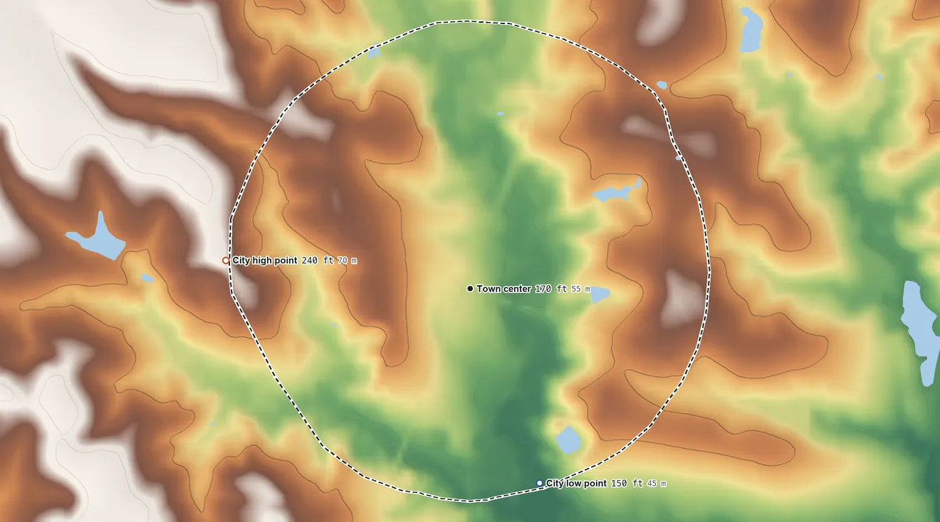 Topographic elevation map of Uvalda, Georgia, shaded from 150 ft on the south side to 240 ft on the west side
