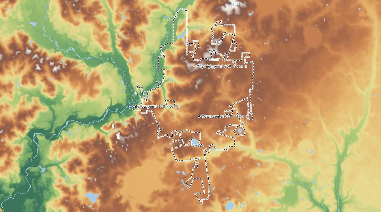 Topographic elevation map of Valdosta, Georgia, shaded from 110 ft on the west side to 250 ft on the north side