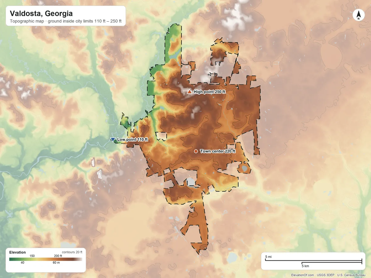 Topographic elevation map of Valdosta, Georgia, shaded from 110 ft on the west side to 250 ft on the north side