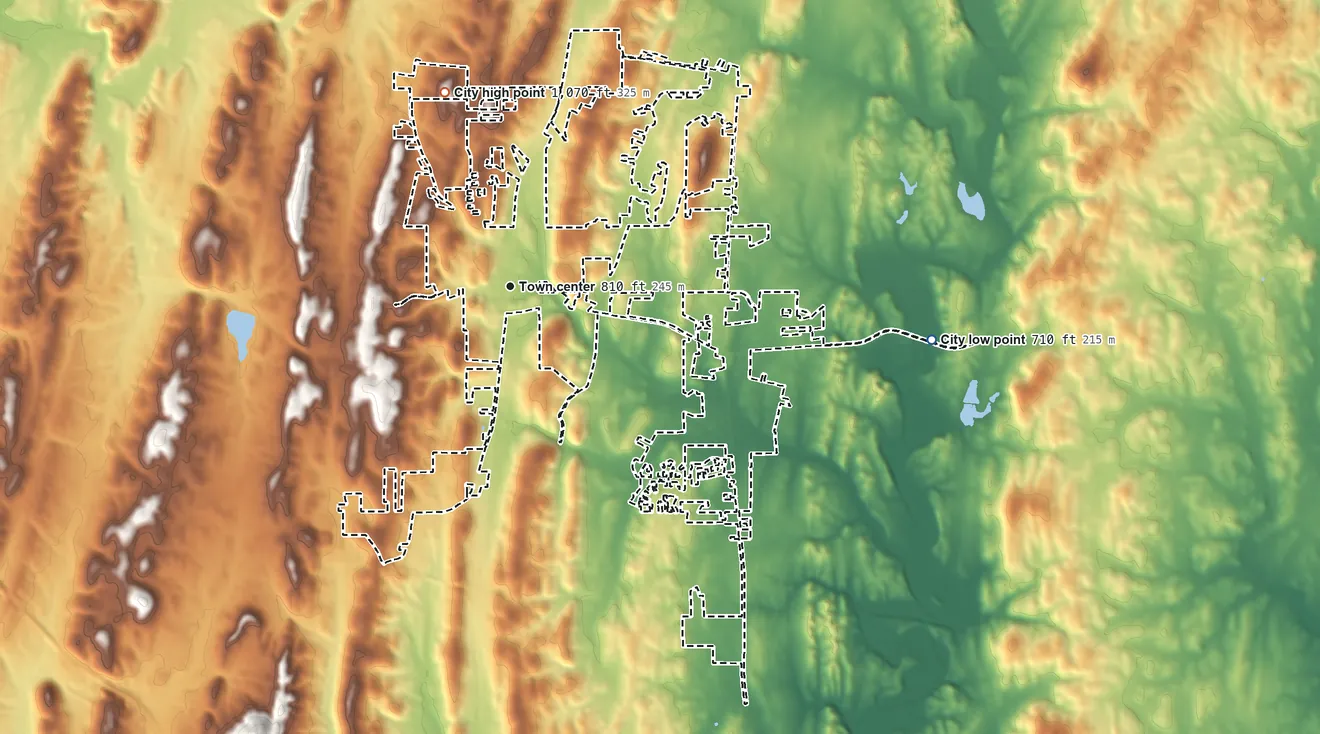 Topographic elevation map of Varnell, Georgia, shaded from 710 ft on the east side to 1,070 ft on the north side