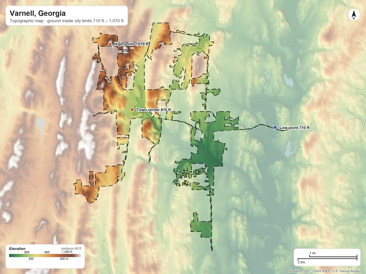 Topographic elevation map of Varnell, Georgia, shaded from 710 ft on the east side to 1,070 ft on the north side