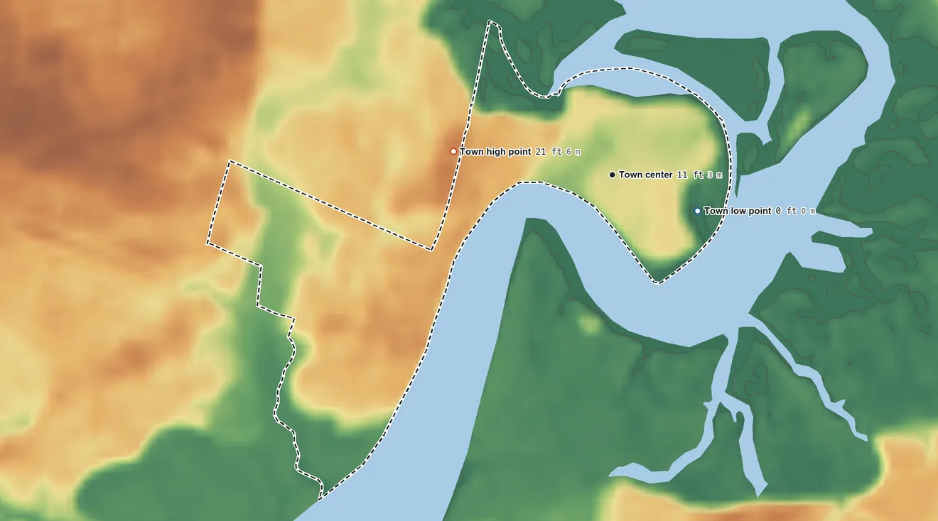Topographic elevation map of Vernonburg, Georgia, shaded from 0 ft on the southeast side to 21 ft on the west side