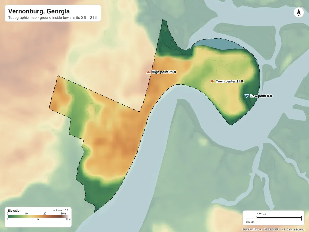 Topographic elevation map of Vernonburg, Georgia, shaded from 0 ft on the southeast side to 21 ft on the west side