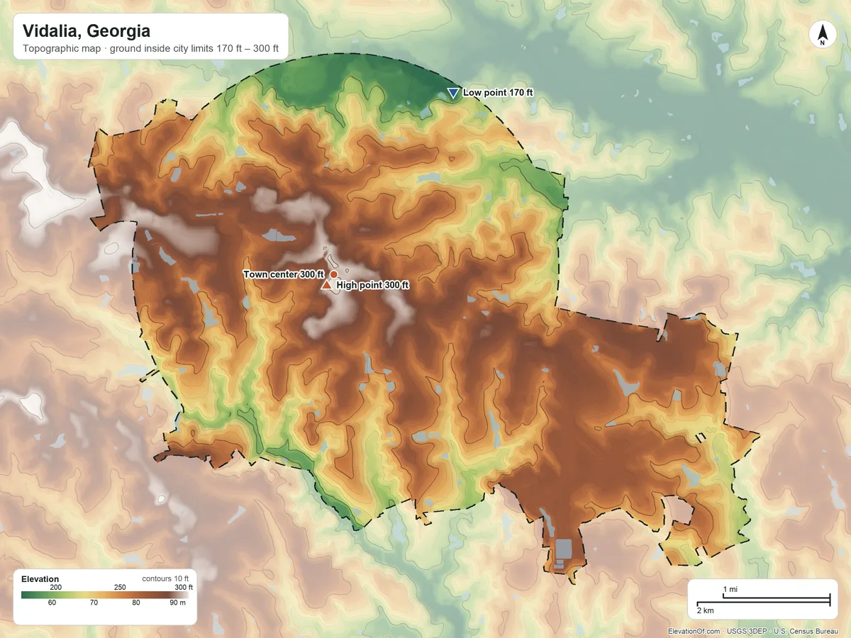 Topographic elevation map of Vidalia, Georgia, shaded from 170 ft on the northeast side to 300 ft near the middle