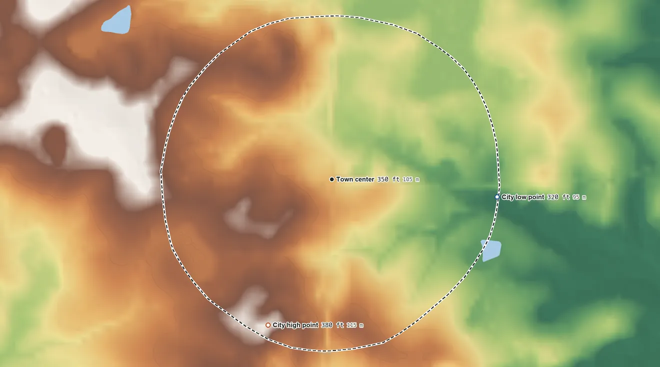 Topographic elevation map of Vidette, Georgia, shaded from 320 ft on the east side to 380 ft on the southwest side