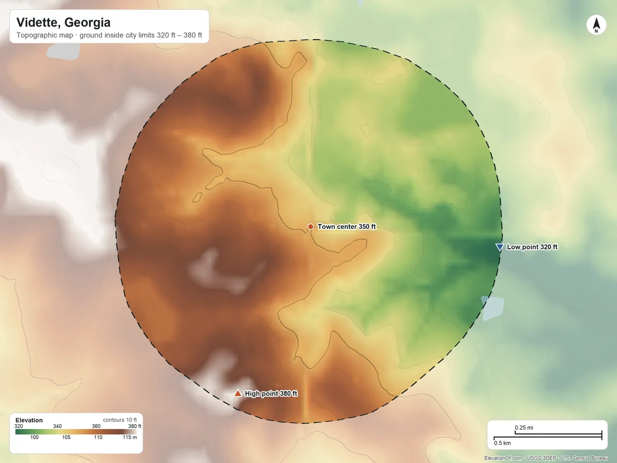 Topographic elevation map of Vidette, Georgia, shaded from 320 ft on the east side to 380 ft on the southwest side