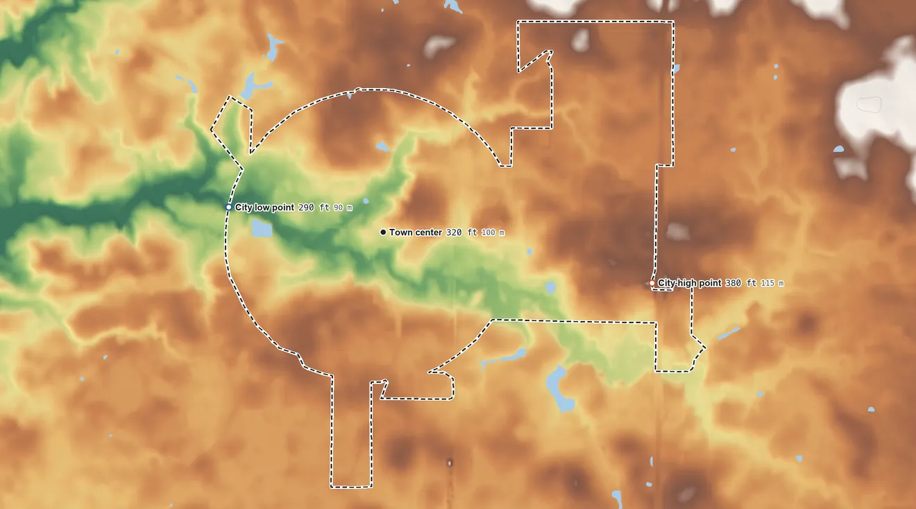 Topographic elevation map of Vienna, Georgia, shaded from 290 ft on the west side to 380 ft on the east side