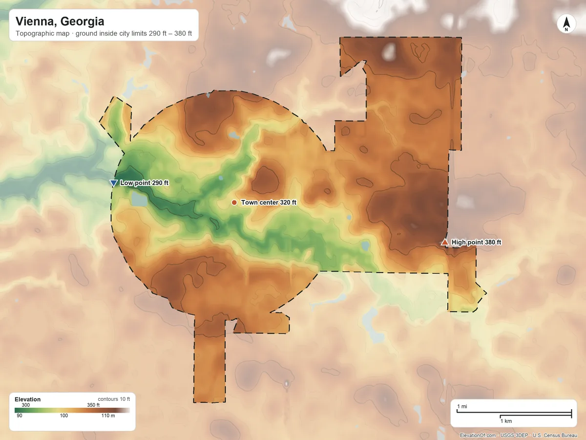 Topographic elevation map of Vienna, Georgia, shaded from 290 ft on the west side to 380 ft on the east side