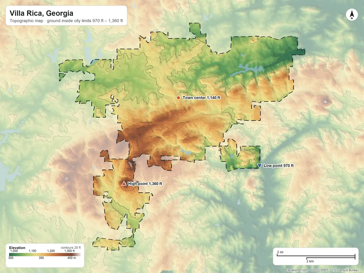 Topographic elevation map of Villa Rica, Georgia, shaded from 970 ft on the southeast side to 1,360 ft on William Mountain