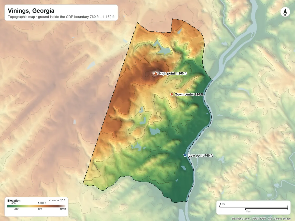 Topographic elevation map of Vinings, Georgia, shaded from 760 ft on the south side to 1,160 ft on Mount Wilkinson