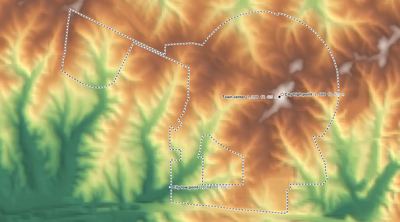 Topographic elevation map of Waco, Georgia, shaded from 1,160 ft on the southwest side to 1,400 ft near the middle