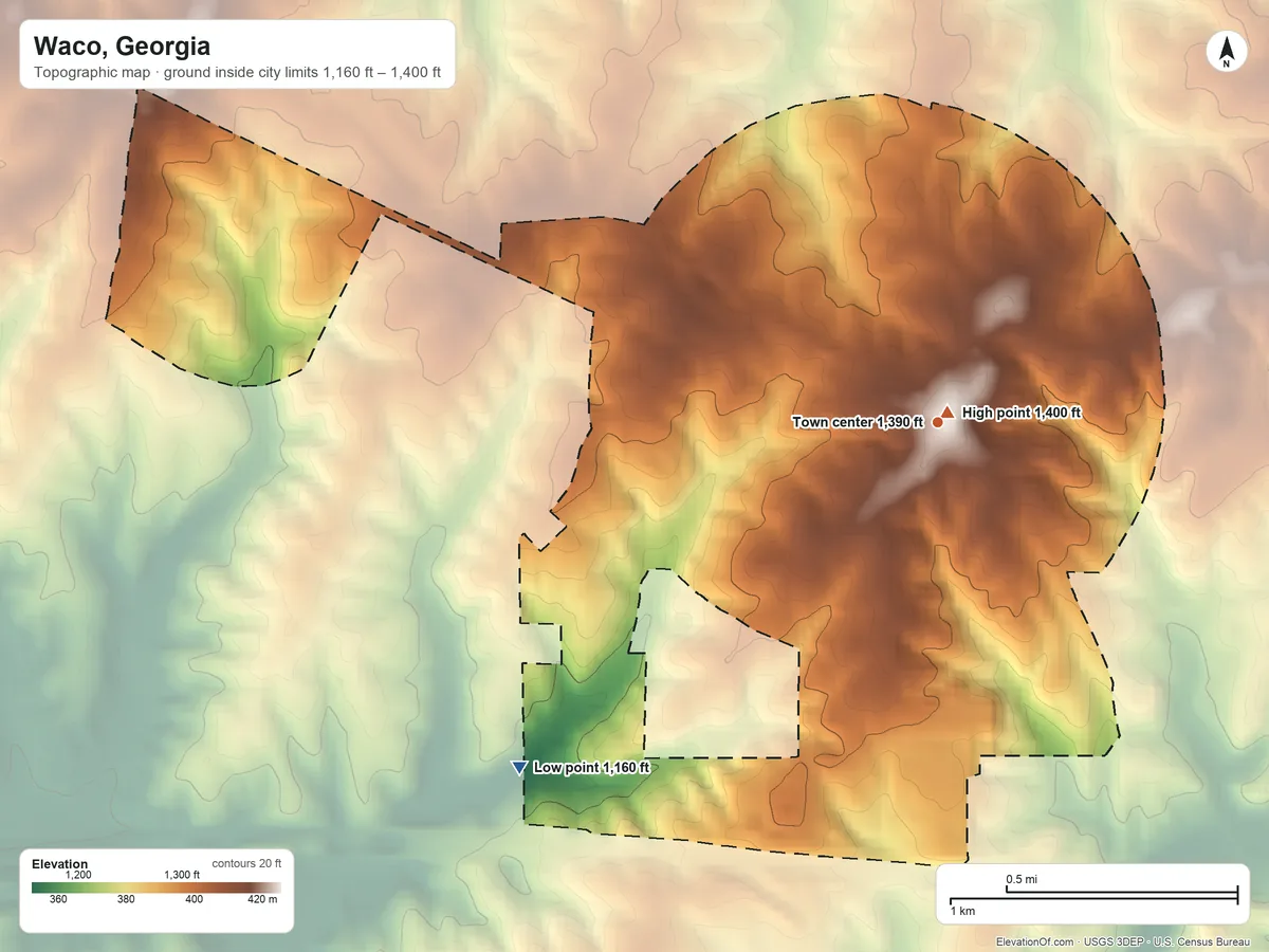 Topographic elevation map of Waco, Georgia, shaded from 1,160 ft on the southwest side to 1,400 ft near the middle